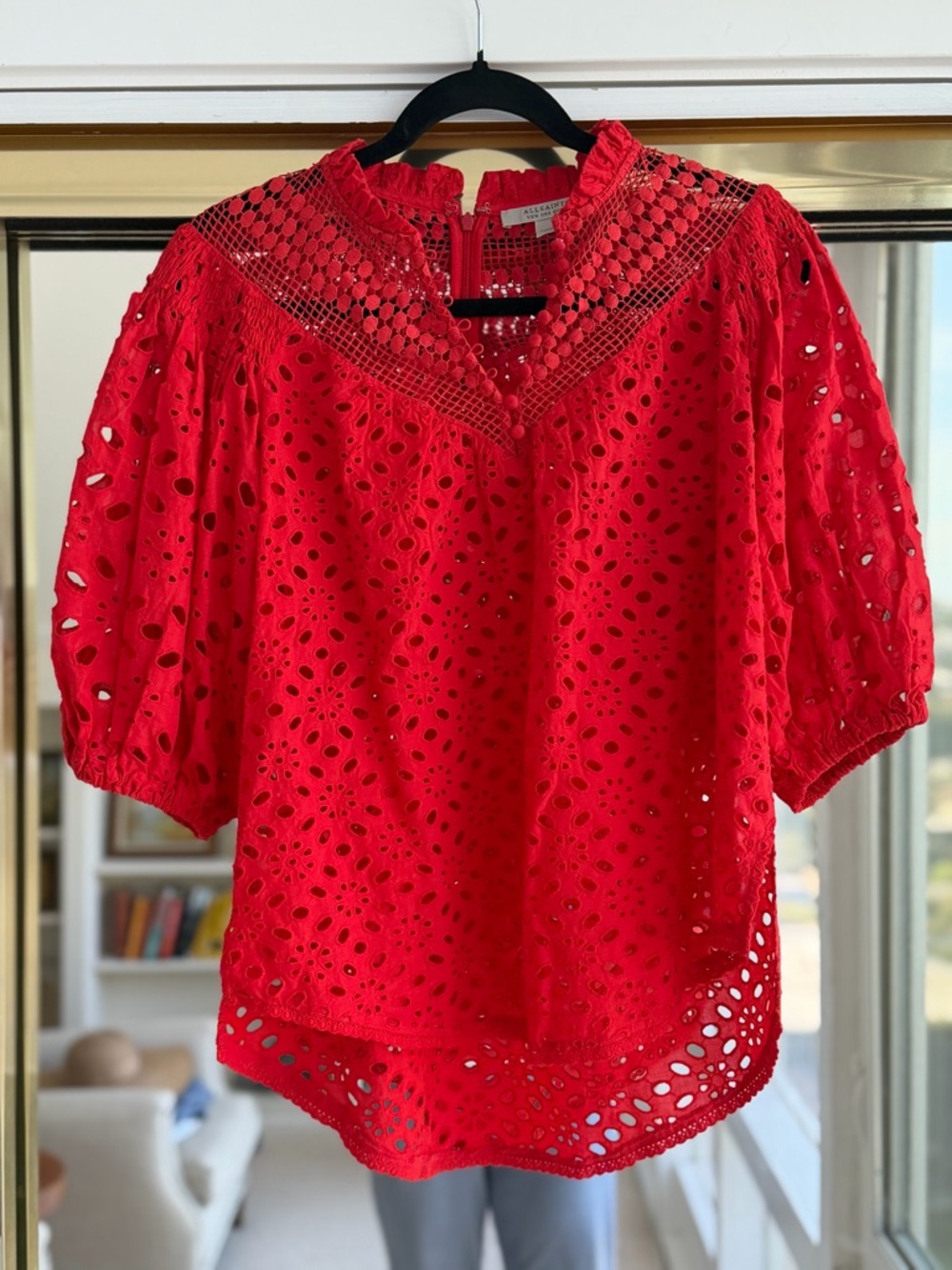 AllSaints Red Eyelet Lace Puff Sleeve Blouse